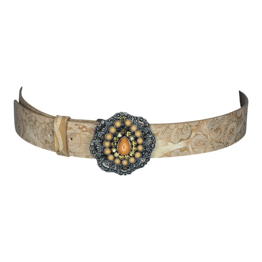 Streets Ahead Womens Belt Medium Tan Beaded Filigree Western Boho Buckle USA